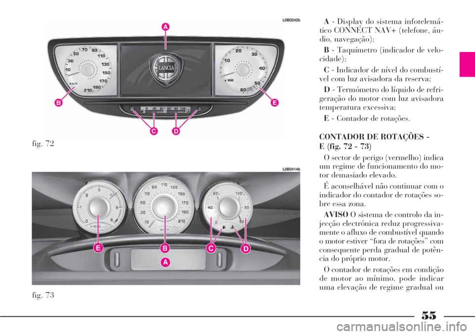 Lancia Phedra 2007 Manual de Uso e Manutenção (in Portuguese) 55
A- Display do sistema infotelemá-
tico CONNECT NAV+ (telefone, áu-
dio, navegação);
B- Taquímetro (indicador de velo-
cidade);
C- Indicador de nível do combustí-
vel com luz avisadora da res Lancia Phedra 2007 Manual de Uso e Manutenção (in Portuguese) 55
A- Display do sistema infotelemá-
tico CONNECT NAV+ (telefone, áu-
dio, navegação);
B- Taquímetro (indicador de velo-
cidade);
C- Indicador de nível do combustí-
vel com luz avisadora da res