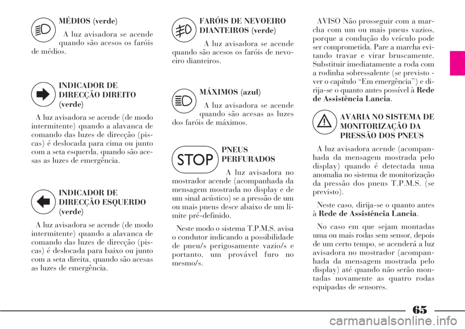 Lancia Phedra 2006  Manual de Uso e Manutenção (in Portuguese) 65
MÉDIOS (verde)
A luz avisadora se acende
quando são acesos os faróis
de médios.
INDICADOR DE
DIRECÇÃO DIREITO
(verde)
A luz avisadora se acende (de modo
intermitente) quando a alavanca de
com