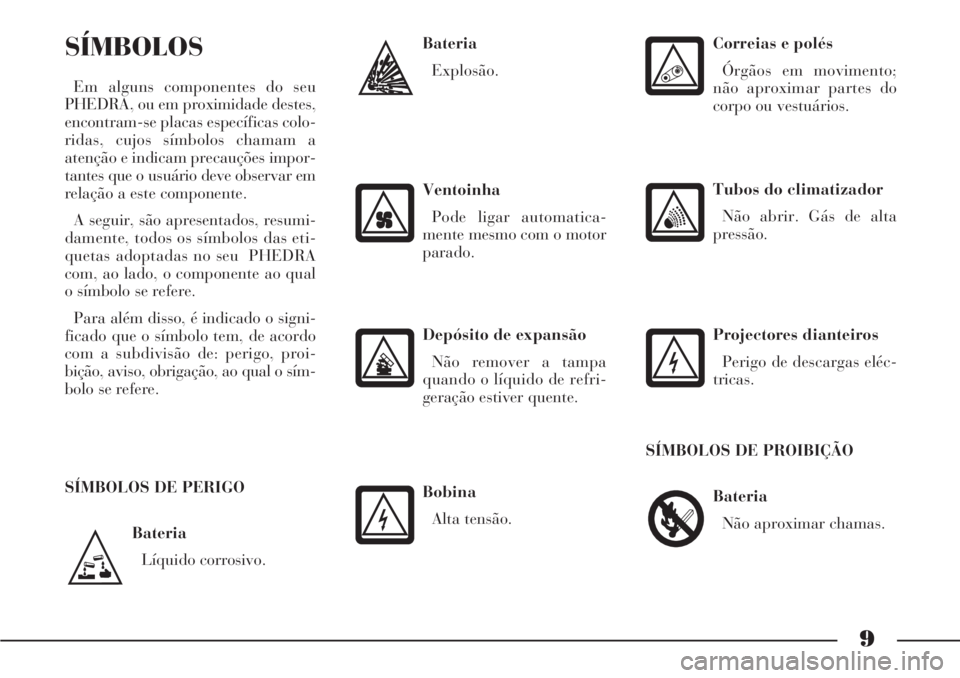 Lancia Phedra 2006  Manual de Uso e Manutenção (in Portuguese) 9
Bateria
Líquido corrosivo.
SÍMBOLOS
Em alguns componentes do seu
PHEDRA, ou em proximidade destes,
encontram-se placas específicas colo-
ridas, cujos símbolos chamam a
atenção e indicam precau