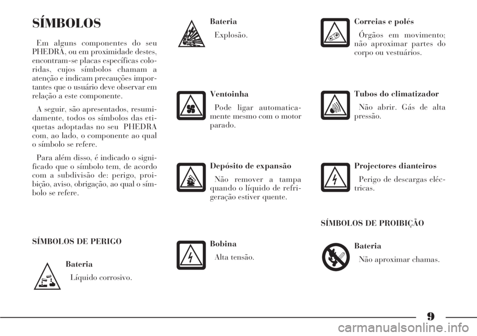 Lancia Phedra 2006 Manual de Uso e Manutenção (in Portuguese) 9
Bateria
Líquido corrosivo.
SÍMBOLOS
Em alguns componentes do seu
PHEDRA, ou em proximidade destes,
encontram-se placas específicas colo-
ridas, cujos símbolos chamam a
atenção e indicam precau Lancia Phedra 2006 Manual de Uso e Manutenção (in Portuguese) 9
Bateria
Líquido corrosivo.
SÍMBOLOS
Em alguns componentes do seu
PHEDRA, ou em proximidade destes,
encontram-se placas específicas colo-
ridas, cujos símbolos chamam a
atenção e indicam precau