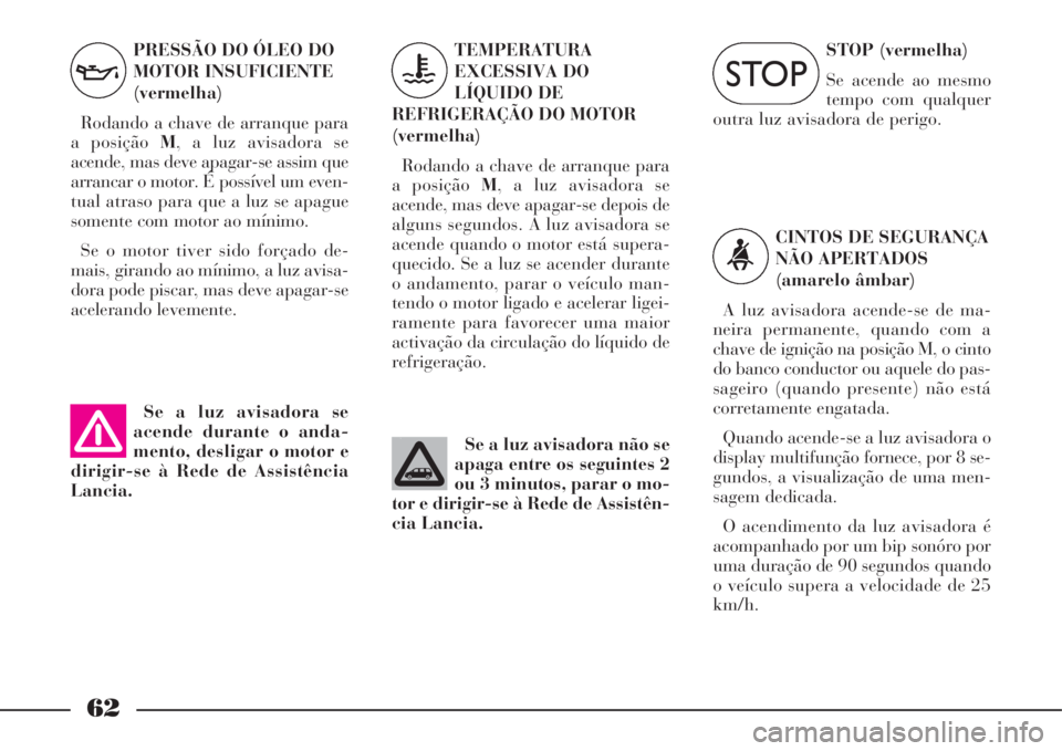 Lancia Phedra 2008 Manual de Uso e Manutenção (in Portuguese) 62
PRESSÃO DO ÓLEO DO
MOTOR INSUFICIENTE
(vermelha)
Rodando a chave de arranque para
a posição M, a luz avisadora se
acende, mas deve apagar-se assim que
arrancar o motor. É possível um even-
tu Lancia Phedra 2008 Manual de Uso e Manutenção (in Portuguese) 62
PRESSÃO DO ÓLEO DO
MOTOR INSUFICIENTE
(vermelha)
Rodando a chave de arranque para
a posição M, a luz avisadora se
acende, mas deve apagar-se assim que
arrancar o motor. É possível um even-
tu