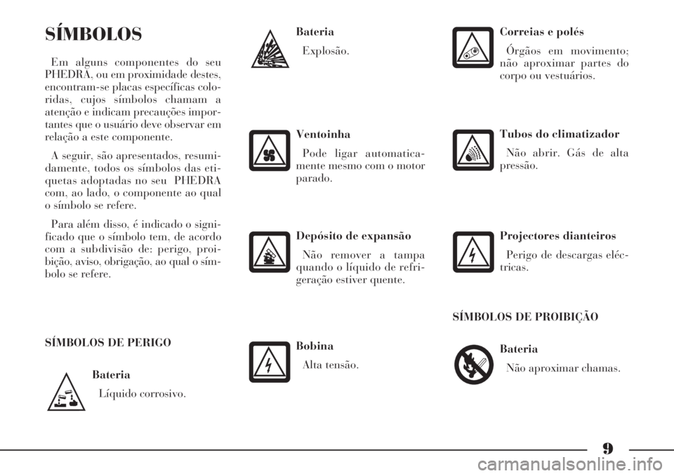 Lancia Phedra 2008  Manual de Uso e Manutenção (in Portuguese) 9
Bateria
Líquido corrosivo.
SÍMBOLOS
Em alguns componentes do seu
PHEDRA, ou em proximidade destes,
encontram-se placas específicas colo-
ridas, cujos símbolos chamam a
atenção e indicam precau