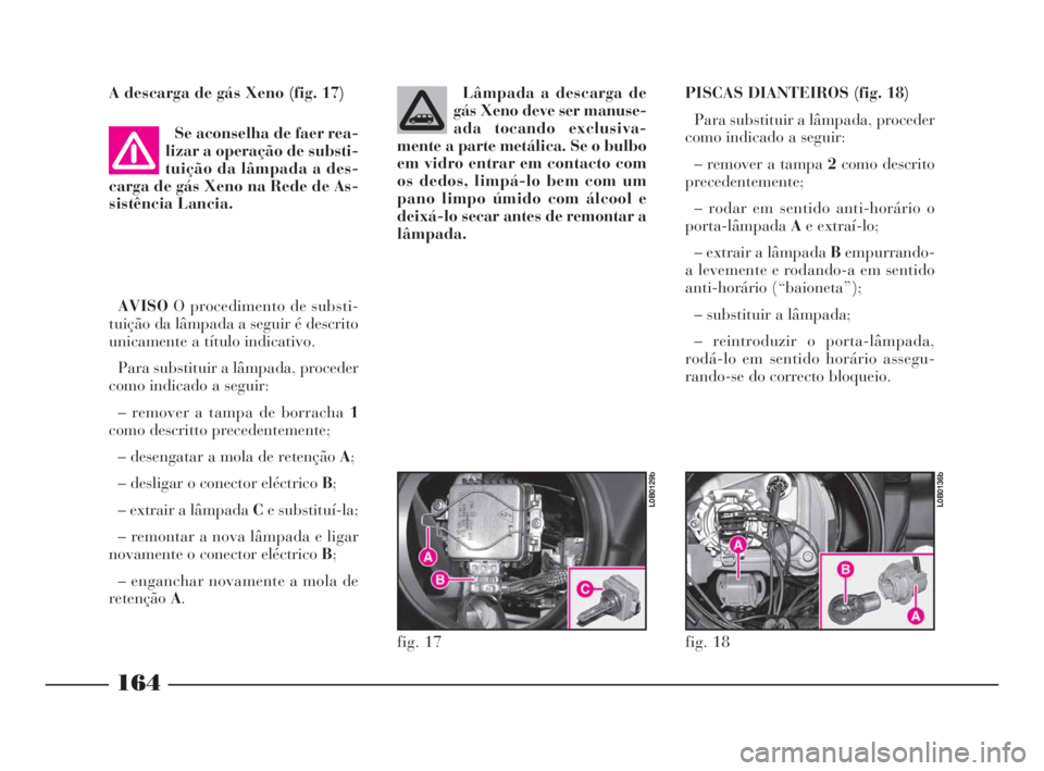 Lancia Phedra 2009  Manual de Uso e Manutenção (in Portuguese) A descarga de gás Xeno (fig. 17)
Se aconselha de faer rea-
lizar a operação de substi-
tuição da lâmpada a des-
carga de gás Xeno na Rede de As-
sistência Lancia. 
AVISOO procedimento de subst