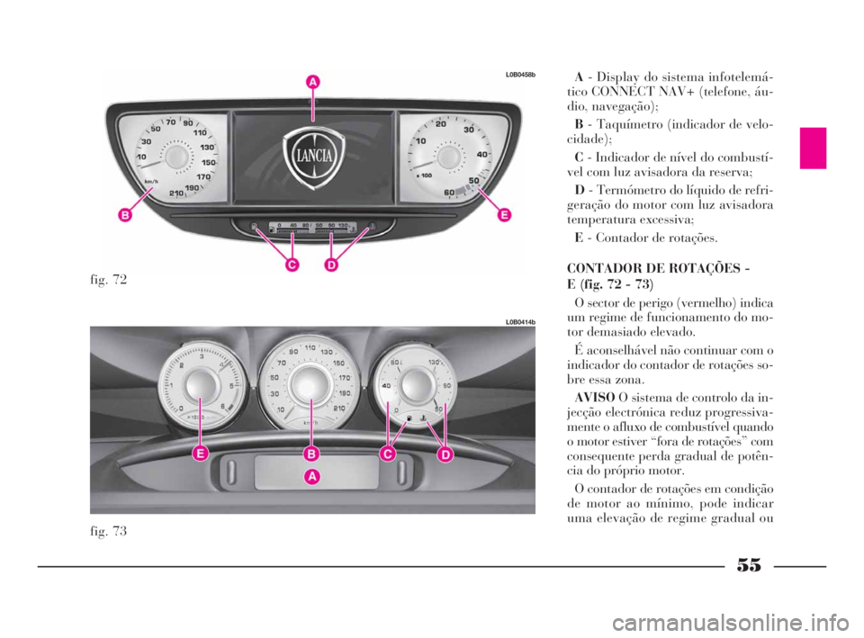 Lancia Phedra 2009 Manual de Uso e Manutenção (in Portuguese) 55
A- Display do sistema infotelemá-
tico CONNECT NAV+ (telefone, áu-
dio, navegação);
B- Taquímetro (indicador de velo-
cidade);
C- Indicador de nível do combustí-
vel com luz avisadora da res Lancia Phedra 2009 Manual de Uso e Manutenção (in Portuguese) 55
A- Display do sistema infotelemá-
tico CONNECT NAV+ (telefone, áu-
dio, navegação);
B- Taquímetro (indicador de velo-
cidade);
C- Indicador de nível do combustí-
vel com luz avisadora da res