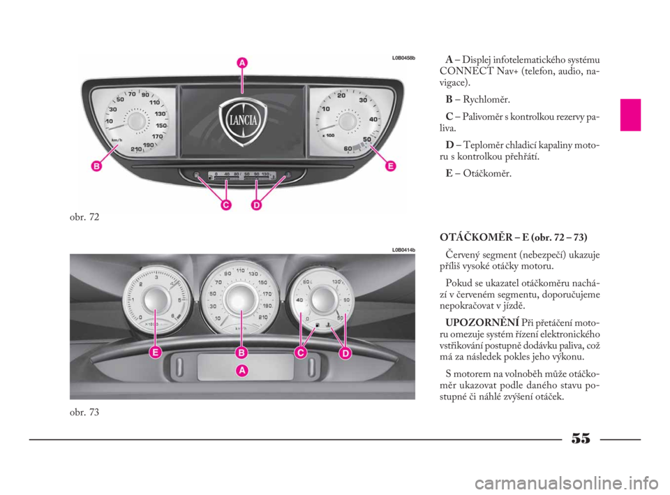 Lancia Phedra 2010  Návod k použití a údržbě (in Czech) 55
A– Displej infotelematického systému
CONNECT Nav+ (telefon, audio, na-
vigace).
B– Rychloměr.
C– Palivoměr s kontrolkou rezervy pa-
liva.
D– Teploměr chladicí kapaliny moto-
ru s kont