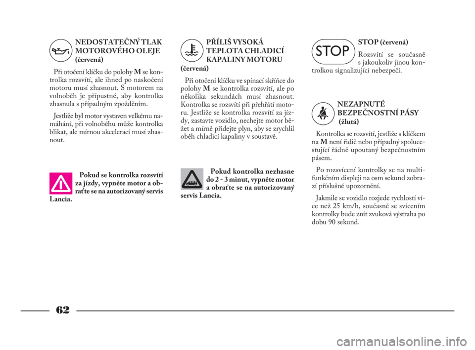 Lancia Phedra 2010  Návod k použití a údržbě (in Czech) 62
STOP (červená) 
Rozsvítí se současně 
s jakoukoliv jinou kon-
trolkou signalizující nebezpečí.
NEZAPNUTÉ
BEZPEČNOSTNÍ PÁSY 
(žlutá)
Kontrolka se rozsvítí, jestliže s klíčkem
na