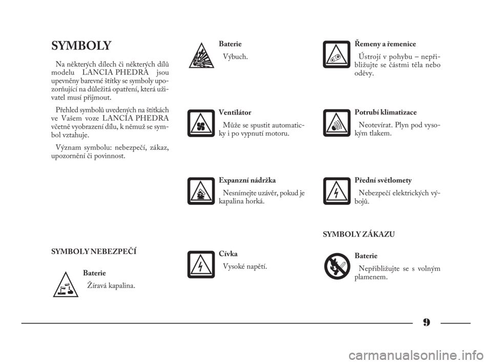 Lancia Phedra 2009  Návod k použití a údržbě (in Czech) 9
Baterie
Žíravá kapalina.
SYMBOLY
Na některých dílech či některých dílů
modelu LANCIA PHEDRA jsou
upevněny barevné štítky se symboly upo-
zorňující na důležitá opatření, která