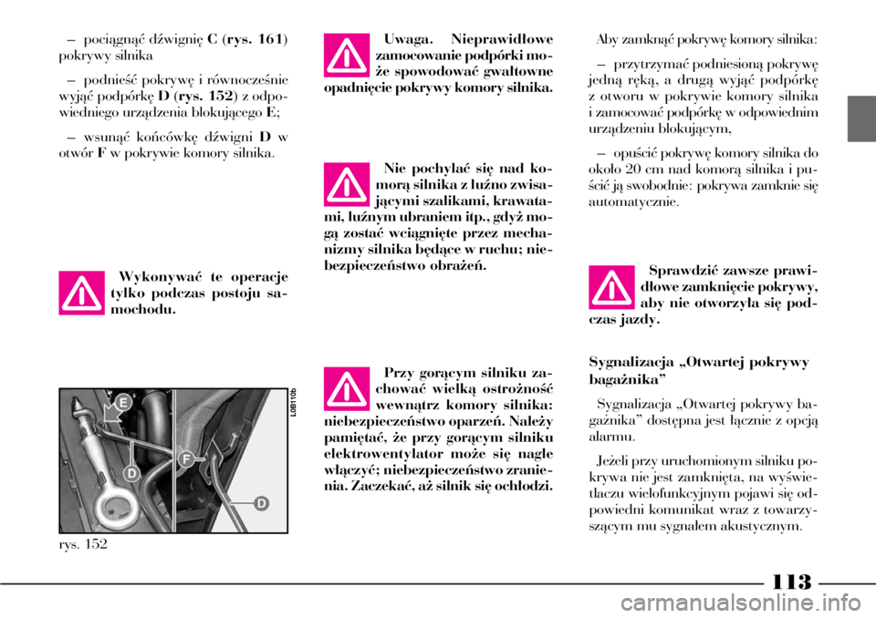 Lancia Phedra 2009  Instrukcja obsługi (in Polish) 113
– pociàgnàç dêwigni´ C(rys. 161)
pokrywy silnika
– podnieÊç pokryw´ i równoczeÊnie
wyjàç podpórk´ D(rys. 152) z odpo-
wiedniego urzàdzenia blokujàcego E;
– wsunàç koƒcówk