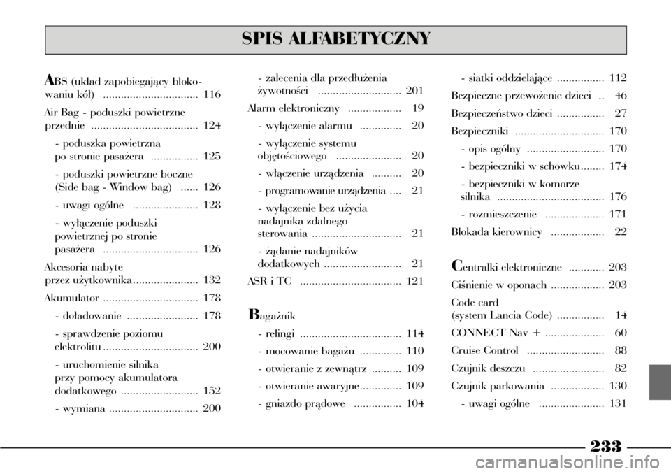 Lancia Phedra 2004  Instrukcja obsługi (in Polish) 233
SPIS ALFABETYCZNY
ABS (uk∏ad zapobiegajàcy bloko-
waniu kó∏)  ................................ 116
Air Bag - poduszki powietrzne
przednie .................................... 124
- poduszka 