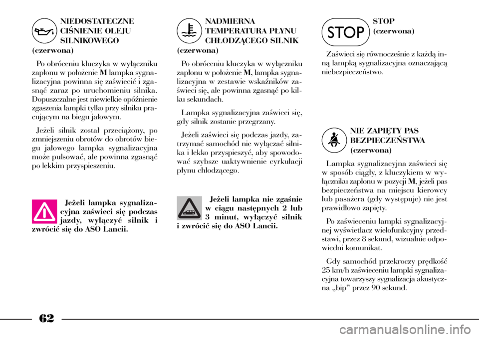Lancia Phedra 2005 Instrukcja obsługi (in Polish) 62
STOP
(czerwona)
ZaÊwieci si´ równoczeÊnie z ka˝dà in-
nà lampkà sygnalizacyjna oznaczajàcà
niebezpieczeƒstwo.
NIE ZAPI¢TY PAS
BEZPIECZE¡STWA
(czerwona)
Lampka sygnalizacyjna zaÊwiec Lancia Phedra 2005 Instrukcja obsługi (in Polish) 62
STOP
(czerwona)
ZaÊwieci si´ równoczeÊnie z ka˝dà in-
nà lampkà sygnalizacyjna oznaczajàcà
niebezpieczeƒstwo.
NIE ZAPI¢TY PAS
BEZPIECZE¡STWA
(czerwona)
Lampka sygnalizacyjna zaÊwiec