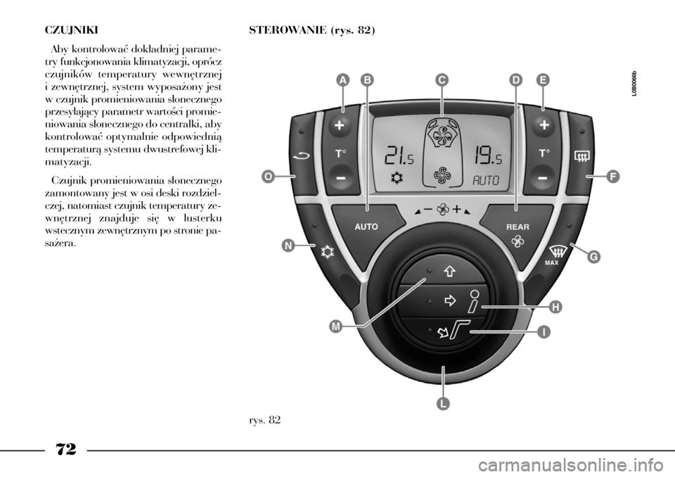 Lancia Phedra 2005 Instrukcja obsługi (in Polish) 72
CZUJNIKI
Aby kontrolowaç dok∏adniej parame-
try funkcjonowania klimatyzacji, oprócz
czujników temperatury wewn´trznej
i zewn´trznej, system wyposa˝ony jest
w czujnik promieniowania s∏onec Lancia Phedra 2005 Instrukcja obsługi (in Polish) 72
CZUJNIKI
Aby kontrolowaç dok∏adniej parame-
try funkcjonowania klimatyzacji, oprócz
czujników temperatury wewn´trznej
i zewn´trznej, system wyposa˝ony jest
w czujnik promieniowania s∏onec