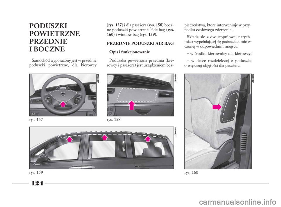 Lancia Phedra 2010 Instrukcja obsługi (in Polish) 124
PODUSZKI
POWIETRZNE
PRZEDNIE
I BOCZNE
Samochód wyposażony jest w przednie
poduszki powietrzne, dla kierowcy (rys. 157) i dla pasażera (rys. 158) bocz-
ne poduszki powietrzne, side bag (rys.
1 Lancia Phedra 2010 Instrukcja obsługi (in Polish) 124
PODUSZKI
POWIETRZNE
PRZEDNIE
I BOCZNE
Samochód wyposażony jest w przednie
poduszki powietrzne, dla kierowcy (rys. 157) i dla pasażera (rys. 158) bocz-
ne poduszki powietrzne, side bag (rys.
1