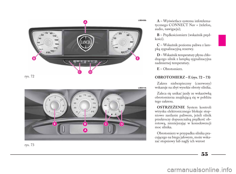 Lancia Phedra 2010 Instrukcja obsługi (in Polish) 55
A– Wyświetlacz systemu infotelema-
tycznego CONNECT Nav + (telefon,
audio, nawigacja);
B– Prędkościomierz (wskaźnik pręd-
kości).
C– Wskaźnik poziomu paliwa z lam-
pką sygnalizacyjną Lancia Phedra 2010 Instrukcja obsługi (in Polish) 55
A– Wyświetlacz systemu infotelema-
tycznego CONNECT Nav + (telefon,
audio, nawigacja);
B– Prędkościomierz (wskaźnik pręd-
kości).
C– Wskaźnik poziomu paliwa z lam-
pką sygnalizacyjną