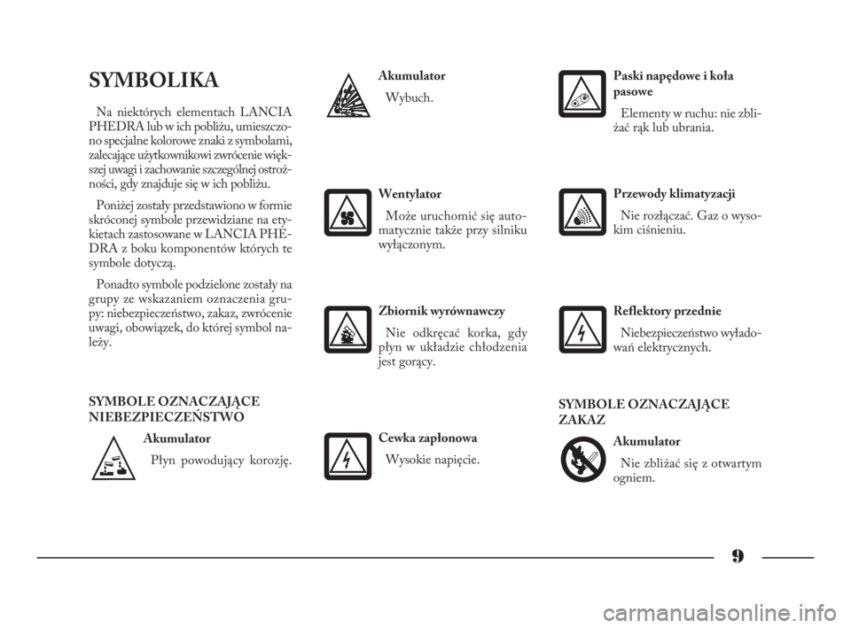 Lancia Phedra 2010  Instrukcja obsługi (in Polish) 9
Akumulator
Płyn powodujący korozję.
SYMBOLIKA
Na niektórych elementach LANCIA
PHEDRA lub w ich pobliżu, umieszczo-
no specjalne kolorowe znaki z symbolami,
zalecające użytkownikowi zwrócenie
