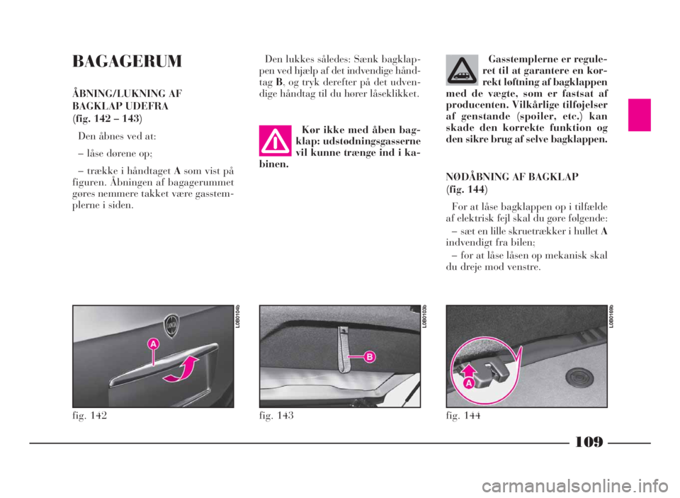 Lancia Phedra 2010  Brugs- og vedligeholdelsesvejledning (in Danish) 109
BAGAGERUM
ÅBNING/LUKNING AF
BAGKLAP UDEFRA
(fig. 142 – 143)
Den åbnes ved at:
– låse dørene op;
– trække i håndtagetAsom vist på
figuren. Åbningen af bagagerummet
gøres nemmere takk
