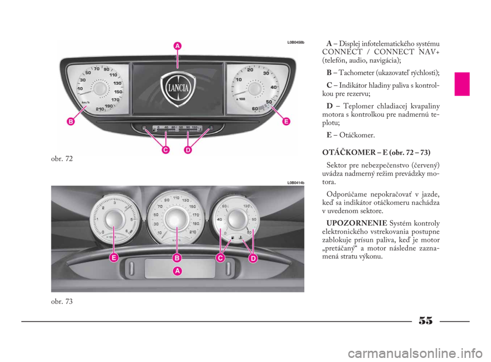 Lancia Phedra 2009 Návod na použitie a údržbu (in Slovak) 55
A– Displej infotelematického systému
CONNECT / CONNECT NAV+
(telefón, audio, navigácia);
B– Tachometer (ukazovateľ rýchlosti);
C– Indikátor hladiny paliva s kontrol-
kou pre rezervu;
D Lancia Phedra 2009 Návod na použitie a údržbu (in Slovak) 55
A– Displej infotelematického systému
CONNECT / CONNECT NAV+
(telefón, audio, navigácia);
B– Tachometer (ukazovateľ rýchlosti);
C– Indikátor hladiny paliva s kontrol-
kou pre rezervu;
D