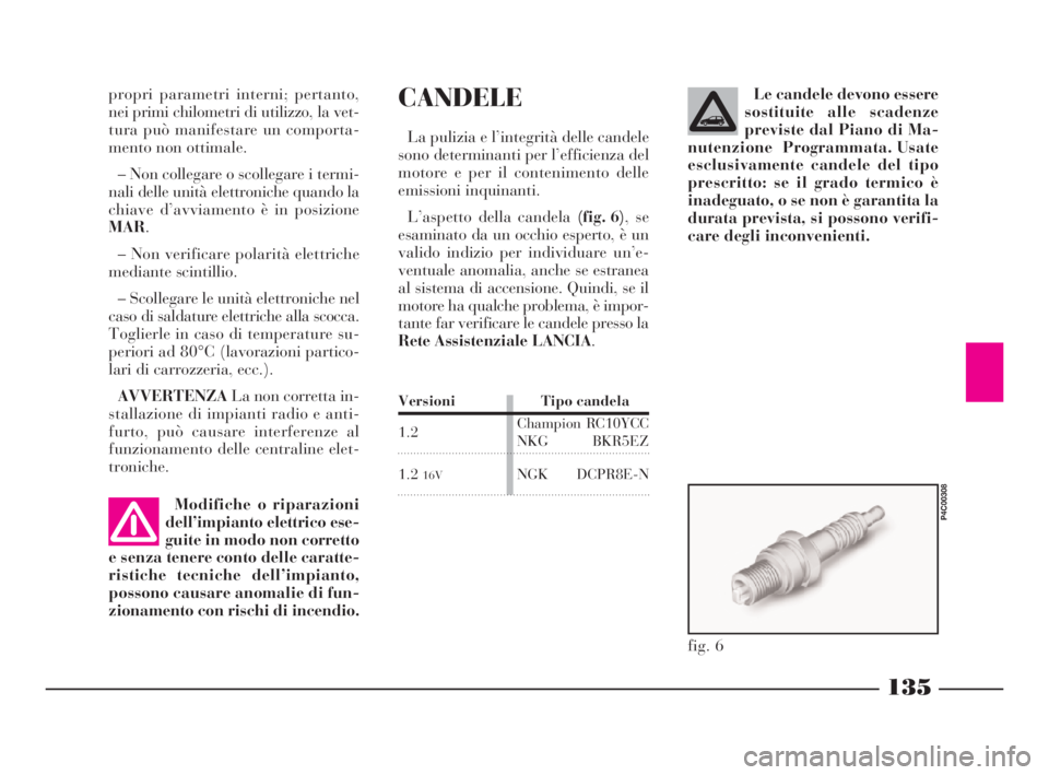 Lancia Ypsilon 2001 Libretto Uso Manutenzione (in Italian) 135
CANDELE
La pulizia e l’integrità delle candele
sono determinanti per l’efficienza del
motore e per il contenimento delle
emissioni inquinanti.
L’aspetto della candela (fig. 6), se
esaminato Lancia Ypsilon 2001 Libretto Uso Manutenzione (in Italian) 135
CANDELE
La pulizia e l’integrità delle candele
sono determinanti per l’efficienza del
motore e per il contenimento delle
emissioni inquinanti.
L’aspetto della candela (fig. 6), se
esaminato