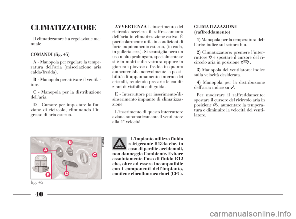 Lancia Ypsilon 2001  Libretto Uso Manutenzione (in Italian) 40
CLIMATIZZATORE
Il climatizzatore è a regolazione ma-
nuale.
COMANDI (fig. 45)
A- Manopola per regolare la tempe-
ratura dell’aria (miscelazione aria
calda/fredda).
B- Manopola per attivare il ve