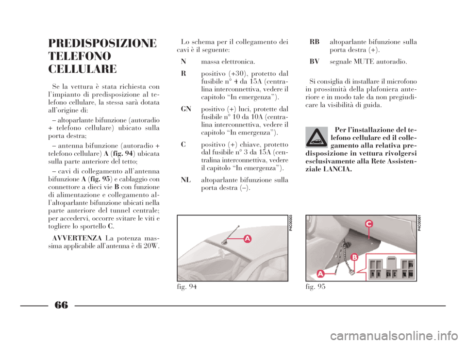 Lancia Ypsilon 2003  Libretto Uso Manutenzione (in Italian) 66
PREDISPOSIZIONE
TELEFONO
CELLULARE
Se la vettura è stata richiesta con
l’impianto di predisposizione al te-
lefono cellulare, la stessa sarà dotata
all’origine di:
– altoparlante bifunzione