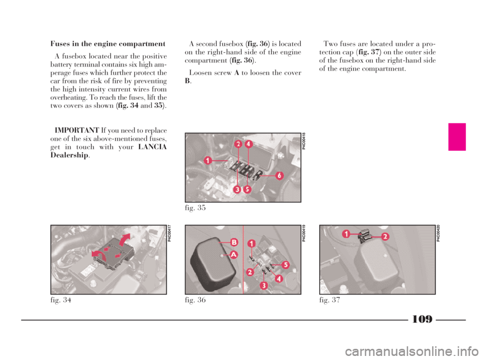 Lancia Ypsilon 2002 Owner handbook (in English) 109
fG
Fuses in the engine compartment
A fusebox located near the positive
battery terminal contains six high am-
perage fuses which further protect the
car from the risk of fire by preventing
the hig Lancia Ypsilon 2002 Owner handbook (in English) 109
fG
Fuses in the engine compartment
A fusebox located near the positive
battery terminal contains six high am-
perage fuses which further protect the
car from the risk of fire by preventing
the hig