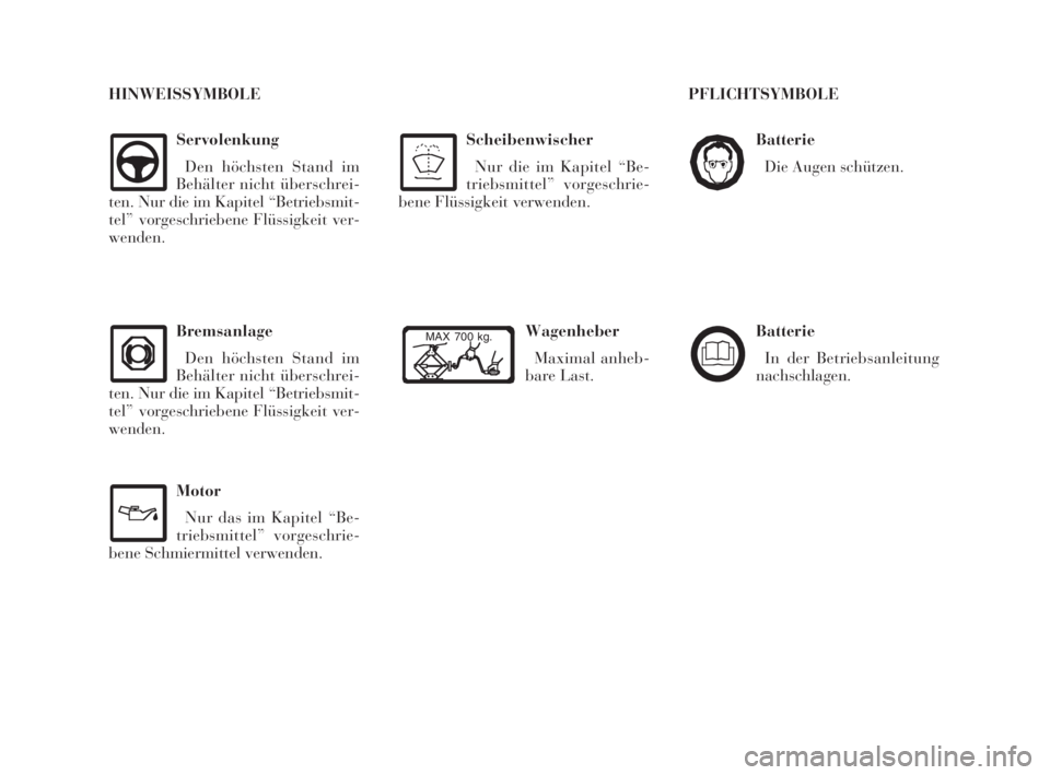 Lancia Ypsilon 2002  Betriebsanleitung (in German) Batterie
Die Augen schützen.
Batterie
In der Betriebsanleitung
nachschlagen.
Servolenkung
Den höchsten Stand im
Behälter nicht überschrei-
ten. Nur die im Kapitel “Betriebsmit-
tel” vorgeschri
