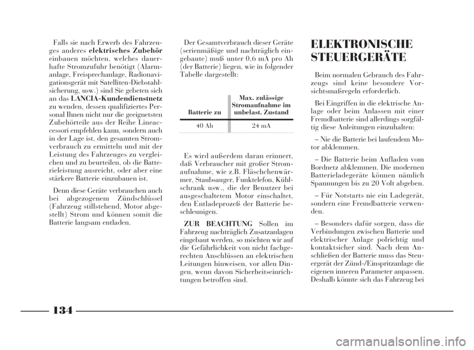 Lancia Ypsilon 2002  Betriebsanleitung (in German) 134
Falls sie nach Erwerb des Fahrzeu-
ges anderes elektrisches Zubehör
einbauen möchten, welches dauer-
hafte Stromzufuhr benötigt (Alarm-
anlage, Freisprechanlage, Radionavi-
gationsgerät mit Sa