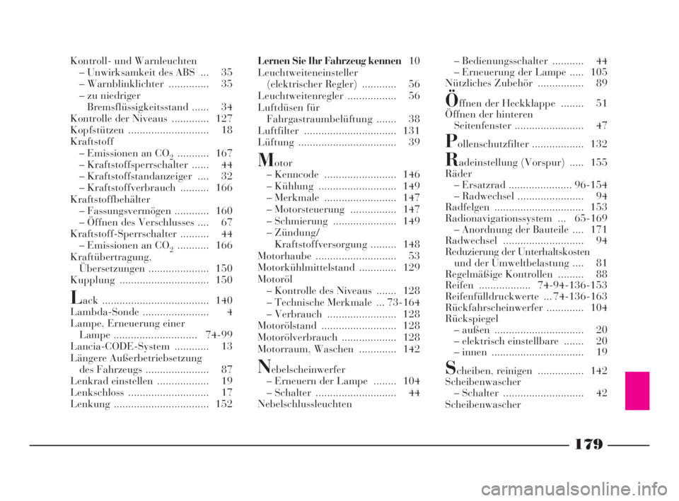 Lancia Ypsilon 2003  Betriebsanleitung (in German) 179
fd
Kontroll- und Warnleuchten
– Unwirksamkeit des ABS  ... 35
– Warnblinklichter  .............. 35
– zu niedriger
Bremsflüssigkeitsstand ...... 34
Kontrolle der Niveaus  ............. 127
