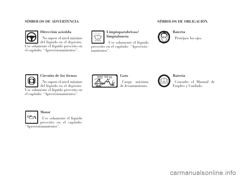 Lancia Ypsilon 2002  Manual de Empleo y Cuidado (in Spanish) S
Batería
Protéjase los ojos.
Batería
Consulte el Manual de
Empleo y Cuidado.
Dirección asistida
No supere el nivel máximo
del líquido en el depósito.
Use solamente el líquido prescrito en
el 