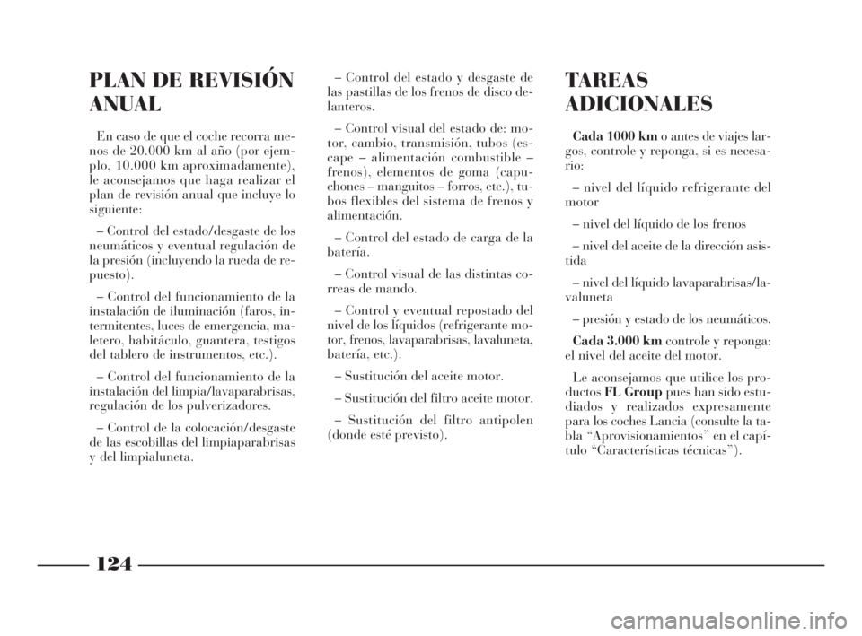 Lancia Ypsilon 2002 Manual de Empleo y Cuidado (in Spanish) 124
S
TAREAS
ADICIONALES
Cada 1000 km o antes de viajes lar-
gos, controle y reponga, si es necesa-
rio:
– nivel del líquido refrigerante del
motor
– nivel del líquido de los frenos
– nivel de Lancia Ypsilon 2002 Manual de Empleo y Cuidado (in Spanish) 124
S
TAREAS
ADICIONALES
Cada 1000 km o antes de viajes lar-
gos, controle y reponga, si es necesa-
rio:
– nivel del líquido refrigerante del
motor
– nivel del líquido de los frenos
– nivel de