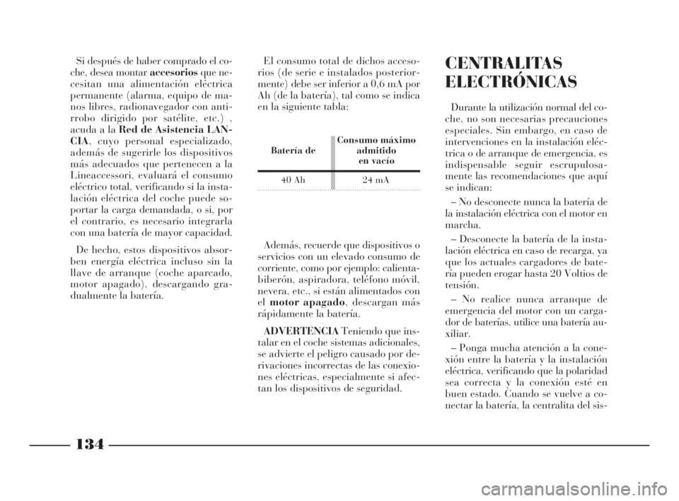 Lancia Ypsilon 2003  Manual de Empleo y Cuidado (in Spanish) 134
S
Si después de haber comprado el co-
che, desea montar accesoriosque ne-
cesitan una alimentación eléctrica
permanente (alarma, equipo de ma-
nos libres, radionavegador con anti-
rrobo dirigid