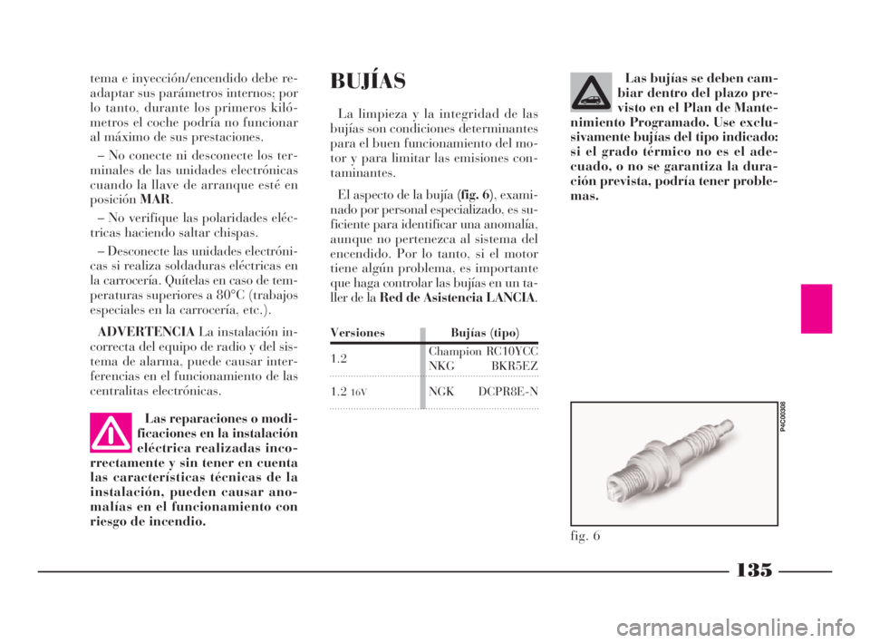 Lancia Ypsilon 2002  Manual de Empleo y Cuidado (in Spanish) 135
S
BUJÍAS
La limpieza y la integridad de las
bujías son condiciones determinantes
para el buen funcionamiento del mo-
tor y para limitar las emisiones con-
taminantes.
El aspecto de la bujía (fi