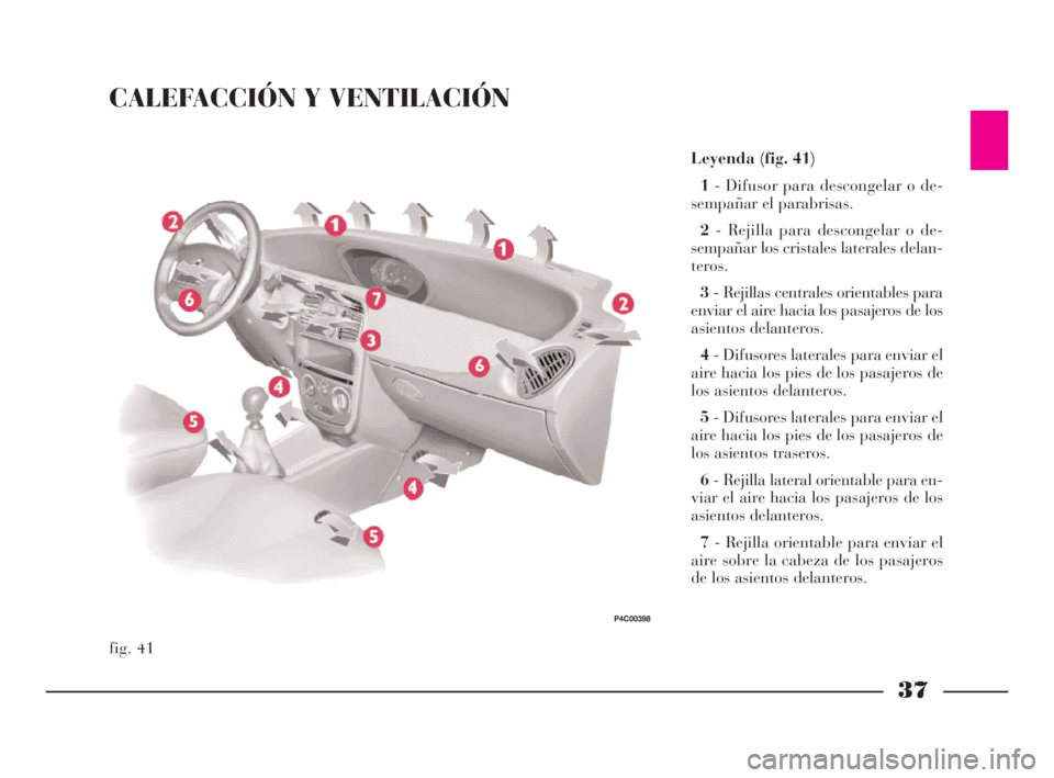 Lancia Ypsilon 2001  Manual de Empleo y Cuidado (in Spanish) 37
S
CALEFACCIÓN Y VENTILACIÓN
Leyenda (fig. 41)
1- Difusor para descongelar o de-
sempañar el parabrisas.
2- Rejilla para descongelar o de-
sempañar los cristales laterales delan-
teros.
3- Rejil