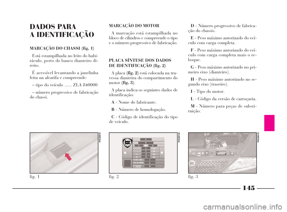 Lancia Ypsilon 2001 Manual de Uso e Manutenção (in Portuguese) 145
O
DADOS PARA
A IDENTIFICAÇÃO
MARCAÇÃO DO CHASSI (fig. 1)
Está estampilhada no leito do habi-
táculo, perto do banco dianteiro di-
reito.
É acessível levantando a janelinha
feita na alcati Lancia Ypsilon 2001 Manual de Uso e Manutenção (in Portuguese) 145
O
DADOS PARA
A IDENTIFICAÇÃO
MARCAÇÃO DO CHASSI (fig. 1)
Está estampilhada no leito do habi-
táculo, perto do banco dianteiro di-
reito.
É acessível levantando a janelinha
feita na alcati