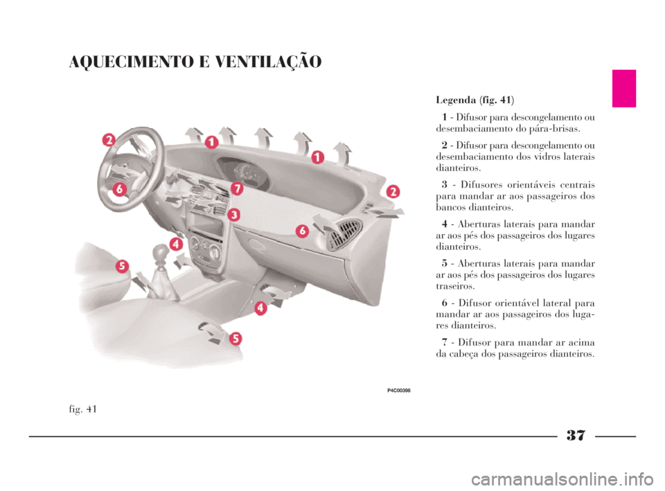Lancia Ypsilon 2002 Manual de Uso e Manutenção (in Portuguese) 37
O
AQUECIMENTO E VENTILAÇÃO
Legenda (fig. 41)
1- Difusor para descongelamento ou
desembaciamento do pára-brisas.
2- Difusor para descongelamento ou
desembaciamento dos vidros laterais
dianteiros. Lancia Ypsilon 2002 Manual de Uso e Manutenção (in Portuguese) 37
O
AQUECIMENTO E VENTILAÇÃO
Legenda (fig. 41)
1- Difusor para descongelamento ou
desembaciamento do pára-brisas.
2- Difusor para descongelamento ou
desembaciamento dos vidros laterais
dianteiros.