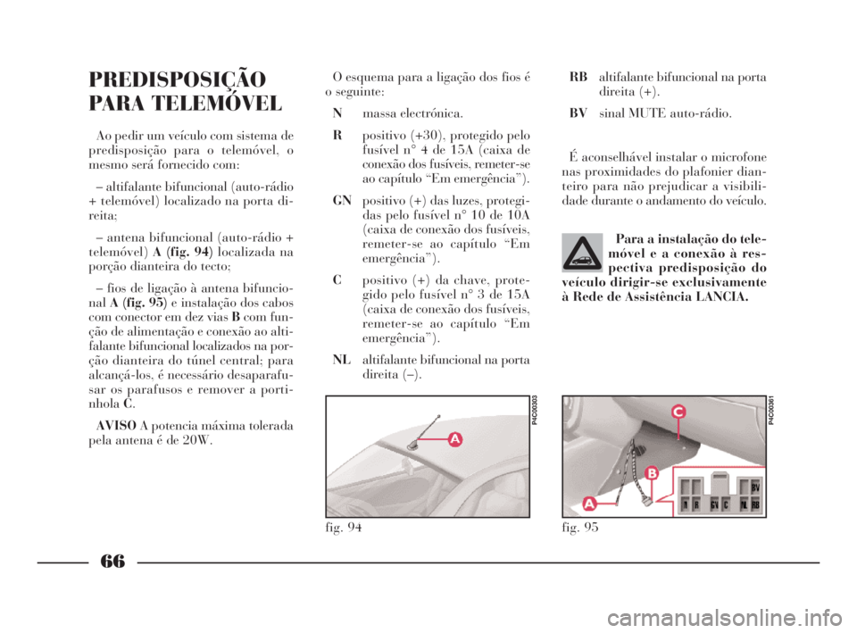 Lancia Ypsilon 2001 Manual de Uso e Manutenção (in Portuguese) 66
O
PREDISPOSIÇÃO
PARA TELEMÓVEL
Ao pedir um veículo com sistema de
predisposição para o telemóvel, o
mesmo será fornecido com:
– altifalante bifuncional (auto-rádio
+ telemóvel) localiza Lancia Ypsilon 2001 Manual de Uso e Manutenção (in Portuguese) 66
O
PREDISPOSIÇÃO
PARA TELEMÓVEL
Ao pedir um veículo com sistema de
predisposição para o telemóvel, o
mesmo será fornecido com:
– altifalante bifuncional (auto-rádio
+ telemóvel) localiza
