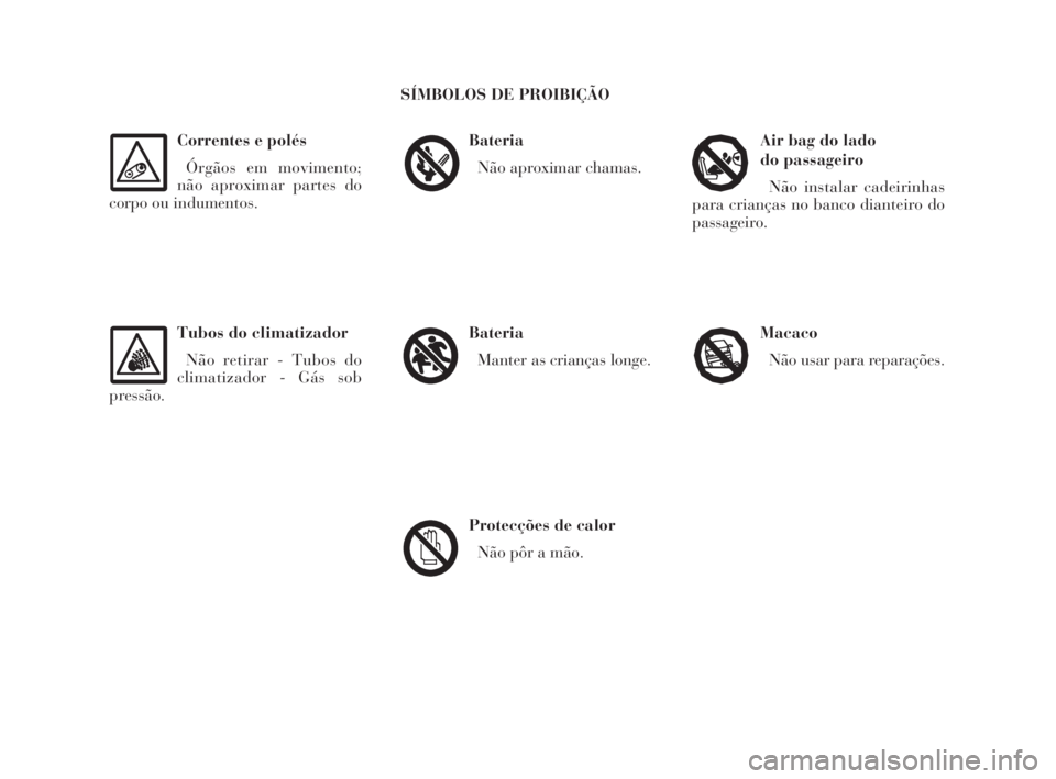 Lancia Ypsilon 2002 Manual de Uso e Manutenção (in Portuguese) O
Correntes e polés
Órgãos em movimento;
não aproximar partes do
corpo ou indumentos.
Tubos do climatizador
Não retirar - Tubos do
climatizador - Gás sob
pressão.
Bateria
Não aproximar chamas. Lancia Ypsilon 2002 Manual de Uso e Manutenção (in Portuguese) O
Correntes e polés
Órgãos em movimento;
não aproximar partes do
corpo ou indumentos.
Tubos do climatizador
Não retirar - Tubos do
climatizador - Gás sob
pressão.
Bateria
Não aproximar chamas.