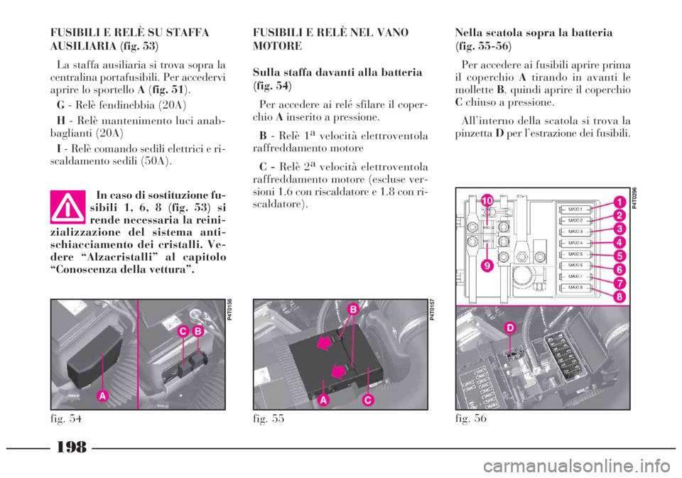Lancia Lybra 2004 Libretto Uso Manutenzione (in Italian) 198
fig. 54fig. 55
P4T0157P4T0156
fig. 56
P4T0296
FUSIBILI E RELÈ SU STAFFA
AUSILIARIA (fig. 53)
La staffa ausiliaria si trova sopra la
centralina portafusibili. Per accedervi
aprire lo sportello A(f Lancia Lybra 2004 Libretto Uso Manutenzione (in Italian) 198
fig. 54fig. 55
P4T0157P4T0156
fig. 56
P4T0296
FUSIBILI E RELÈ SU STAFFA
AUSILIARIA (fig. 53)
La staffa ausiliaria si trova sopra la
centralina portafusibili. Per accedervi
aprire lo sportello A(f