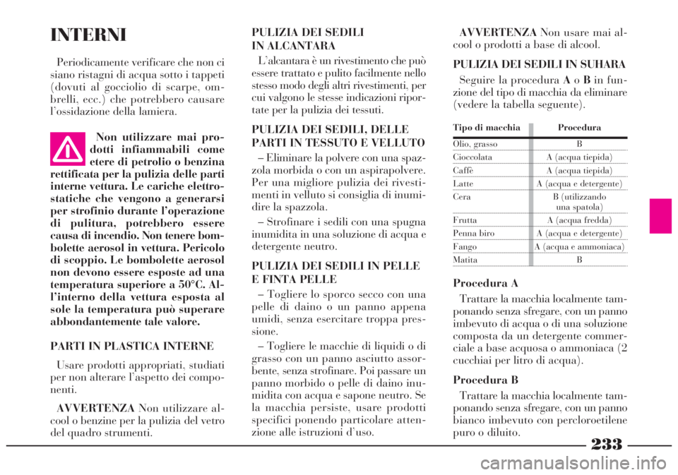 Lancia Lybra 2004 Libretto Uso Manutenzione (in Italian) 233
INTERNI
Periodicamente verificare che non ci
siano ristagni di acqua sotto i tappeti
(dovuti al gocciolio di scarpe, om-
brelli, ecc.) che potrebbero causare
l’ossidazione della lamiera.
Non uti Lancia Lybra 2004 Libretto Uso Manutenzione (in Italian) 233
INTERNI
Periodicamente verificare che non ci
siano ristagni di acqua sotto i tappeti
(dovuti al gocciolio di scarpe, om-
brelli, ecc.) che potrebbero causare
l’ossidazione della lamiera.
Non uti