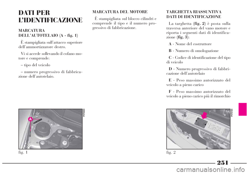 Lancia Lybra 2004  Libretto Uso Manutenzione (in Italian) 251
fig. 1
P4T0223
DATI PER
L’IDENTIFICAZIONE
MARCATURA
DELL’AUTOTELAIO (A - fig. 1)
È stampigliata sull’attacco superiore
dell’ammortizzatore destro.
Vi si accede sollevando il cofano mo-
to