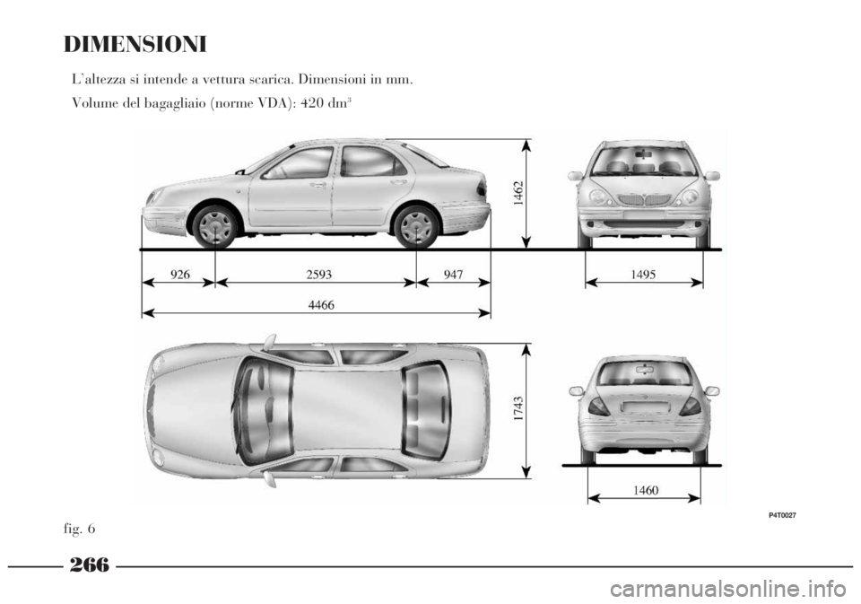 Lancia Lybra 2004  Libretto Uso Manutenzione (in Italian) 266
DIMENSIONI
L’altezza si intende a vettura scarica. Dimensioni in mm.
Volume del bagagliaio (norme VDA): 420 dm
3
fig. 6
P4T0027 