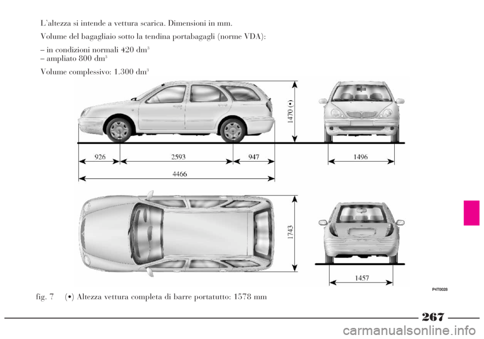 Lancia Lybra 2004  Libretto Uso Manutenzione (in Italian) 267
L’altezza si intende a vettura scarica. Dimensioni in mm.
Volume del bagagliaio sotto la tendina portabagagli (norme VDA): 
– in condizioni normali 420 dm
3
– ampliato 800 dm3
Volume comples