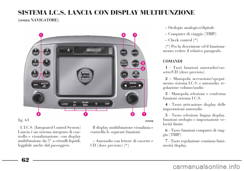Lancia Lybra 2004 Libretto Uso Manutenzione (in Italian) 62
SISTEMA I.C.S. LANCIA CON DISPLAY MULTIFUNZIONE
(senza NAVIGATORE)
– Orologio analogico/digitale
– Computer di viaggio (TRIP)
– Check control (*)
(*) Per la descrizione ed il funziona-
mento Lancia Lybra 2004 Libretto Uso Manutenzione (in Italian) 62
SISTEMA I.C.S. LANCIA CON DISPLAY MULTIFUNZIONE
(senza NAVIGATORE)
– Orologio analogico/digitale
– Computer di viaggio (TRIP)
– Check control (*)
(*) Per la descrizione ed il funziona-
mento