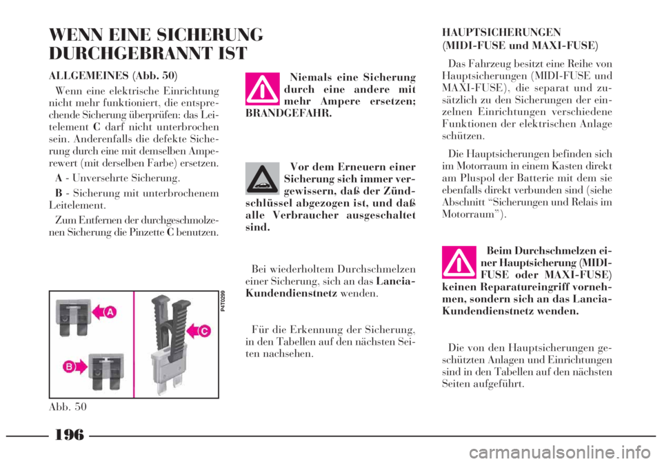 Lancia Lybra 2005  Betriebsanleitung (in German) 196
Beim Durchschmelzen ei-
ner Hauptsicherung (MIDI-
FUSE oder MAXI-FUSE)
keinen Reparatureingriff vorneh-
men, sondern sich an das Lancia-
Kundendienstnetz wenden.
Die von den Hauptsicherungen ge-
s