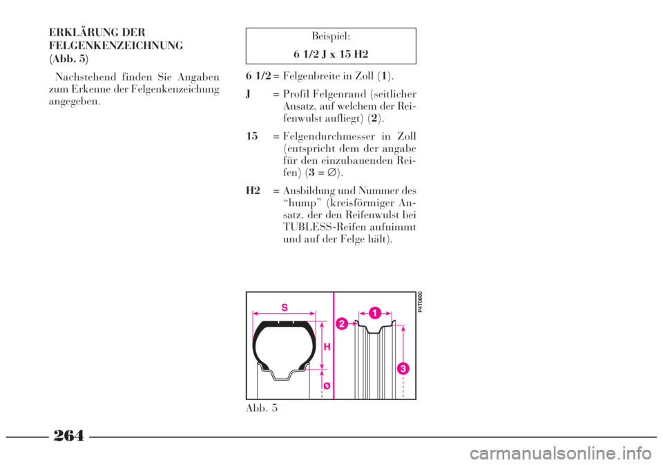 Lancia Lybra 2005  Betriebsanleitung (in German) 264
Beispiel:
6 1/2 J x 15 H2ERKLÄRUNG DER
FELGENKENZEICHNUNG
(Abb. 5)
Nachstehend finden Sie Angaben
zum Erkenne der Felgenkenzeichung
angegeben.6 1/2= Felgenbreite in Zoll (1).
J= Profil Felgenrand