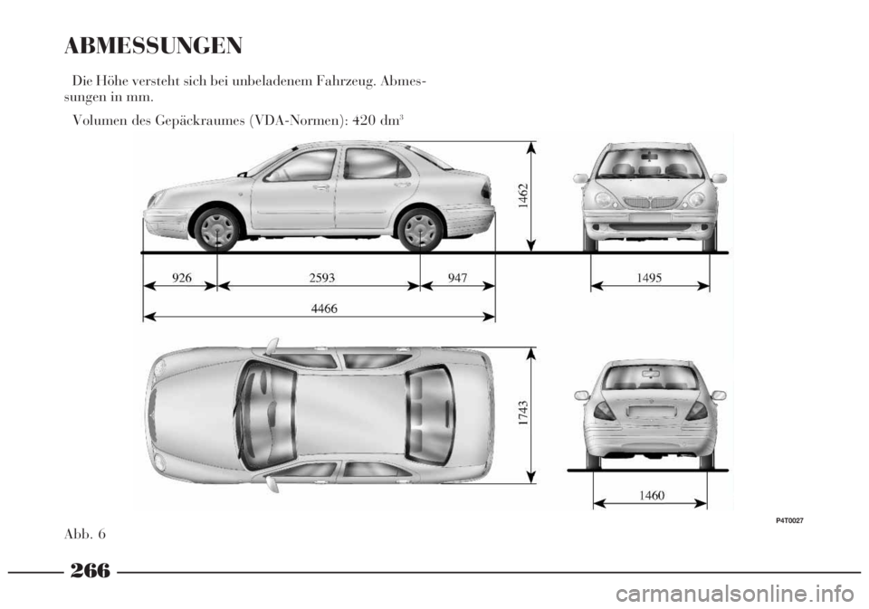 Lancia Lybra 2005 Betriebsanleitung (in German) 266
ABMESSUNGEN
Die Höhe versteht sich bei unbeladenem Fahrzeug. Abmes-
sungen in mm.
Volumen des Gepäckraumes (VDA-Normen): 420 dm
3
Abb. 6
P4T0027 Lancia Lybra 2005 Betriebsanleitung (in German) 266
ABMESSUNGEN
Die Höhe versteht sich bei unbeladenem Fahrzeug. Abmes-
sungen in mm.
Volumen des Gepäckraumes (VDA-Normen): 420 dm
3
Abb. 6
P4T0027