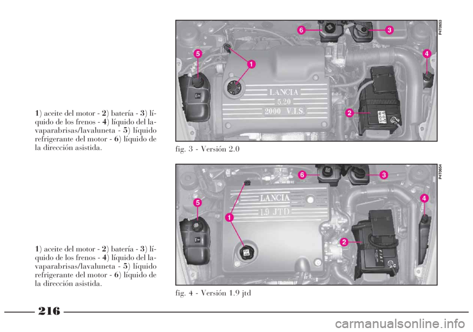 Lancia Lybra 2005 Manual de Empleo y Cuidado (in Spanish) 216
1) aceite del motor - 2) batería - 3) lí-
quido de los frenos - 4) líquido del la-
vaparabrisas/lavaluneta - 5) líquido
refrigerante del motor - 6) líquido de
la dirección asistida.
fig. 3 - Lancia Lybra 2005 Manual de Empleo y Cuidado (in Spanish) 216
1) aceite del motor - 2) batería - 3) lí-
quido de los frenos - 4) líquido del la-
vaparabrisas/lavaluneta - 5) líquido
refrigerante del motor - 6) líquido de
la dirección asistida.
fig. 3 -