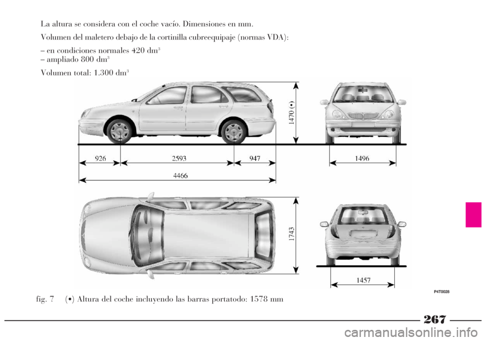 Lancia Lybra 2005  Manual de Empleo y Cuidado (in Spanish) 267
La altura se considera con el coche vacío. Dimensiones en mm.
Volumen del maletero debajo de la cortinilla cubreequipaje (normas VDA):
– en condiciones normales 420 dm
3
– ampliado 800 dm3
Vo