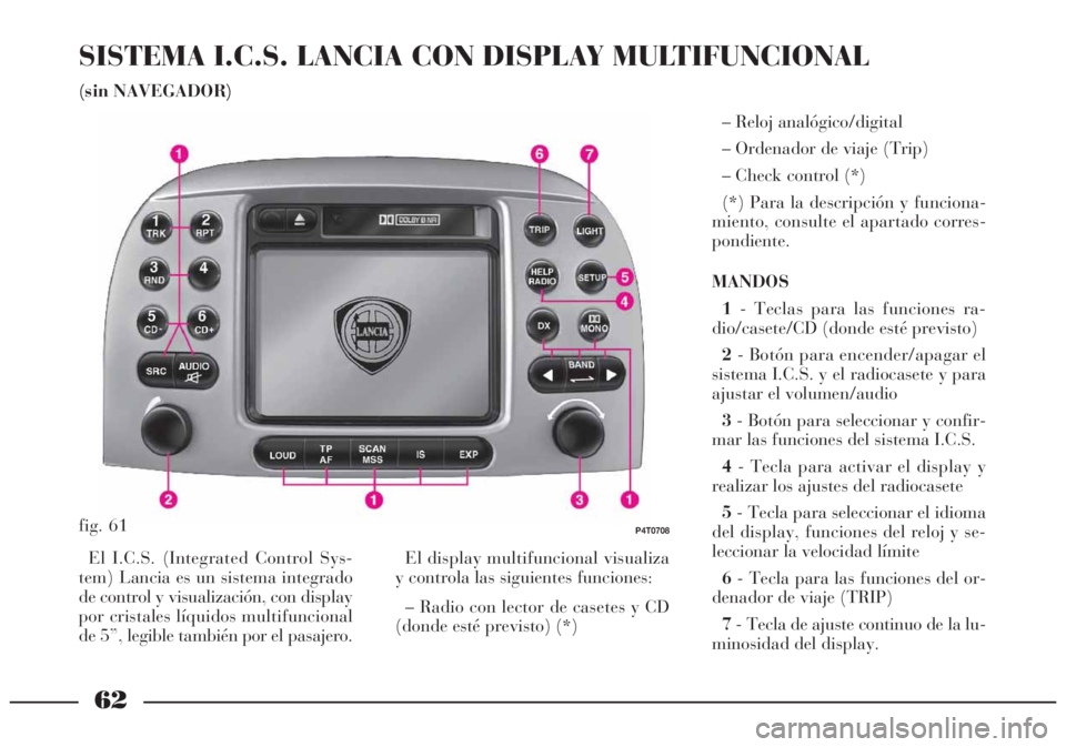 Lancia Lybra 2005  Manual de Empleo y Cuidado (in Spanish) 62
SISTEMA I.C.S. LANCIA CON DISPLAY MULTIFUNCIONAL
(sin NAVEGADOR)
– Reloj analógico/digital
– Ordenador de viaje (Trip)
– Check control (*)
(*) Para la descripción y funciona-
miento, consul