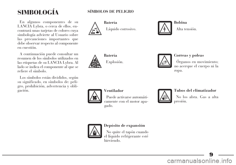 Lancia Lybra 2005  Manual de Empleo y Cuidado (in Spanish) 9
Batería
Líquido corrosivo.
SIMBOLOGÍA
En algunos componentes de su
LANCIA Lybra, o cerca de ellos, en-
contrará unas tarjetas de colores cuya
simbología advierte al Usuario sobre
las precaucion