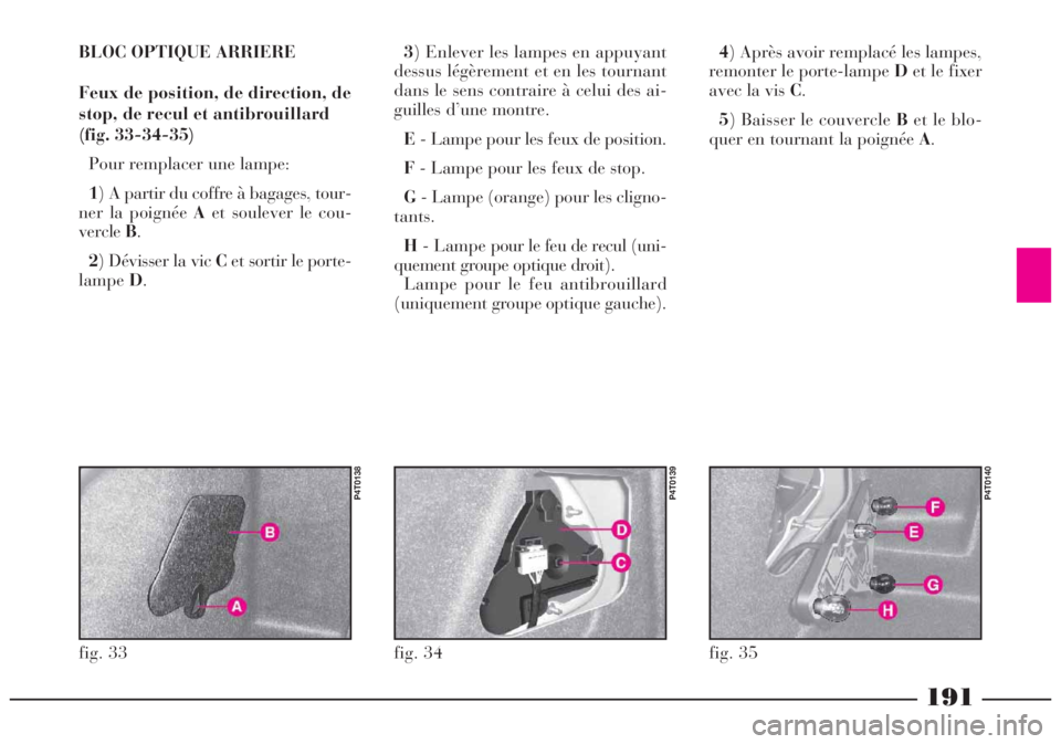 Lancia Lybra 2004 Notice dentretien (in French) 191
BLOC OPTIQUE ARRIERE
Feux de position, de direction, de
stop, de recul et antibrouillard
(fig. 33-34-35)
Pour remplacer une lampe:
1) A partir du coffre Ă bagages, tour-
ner la poignée Aet soule Lancia Lybra 2004 Notice dentretien (in French) 191
BLOC OPTIQUE ARRIERE
Feux de position, de direction, de
stop, de recul et antibrouillard
(fig. 33-34-35)
Pour remplacer une lampe:
1) A partir du coffre Ă bagages, tour-
ner la poignée Aet soule